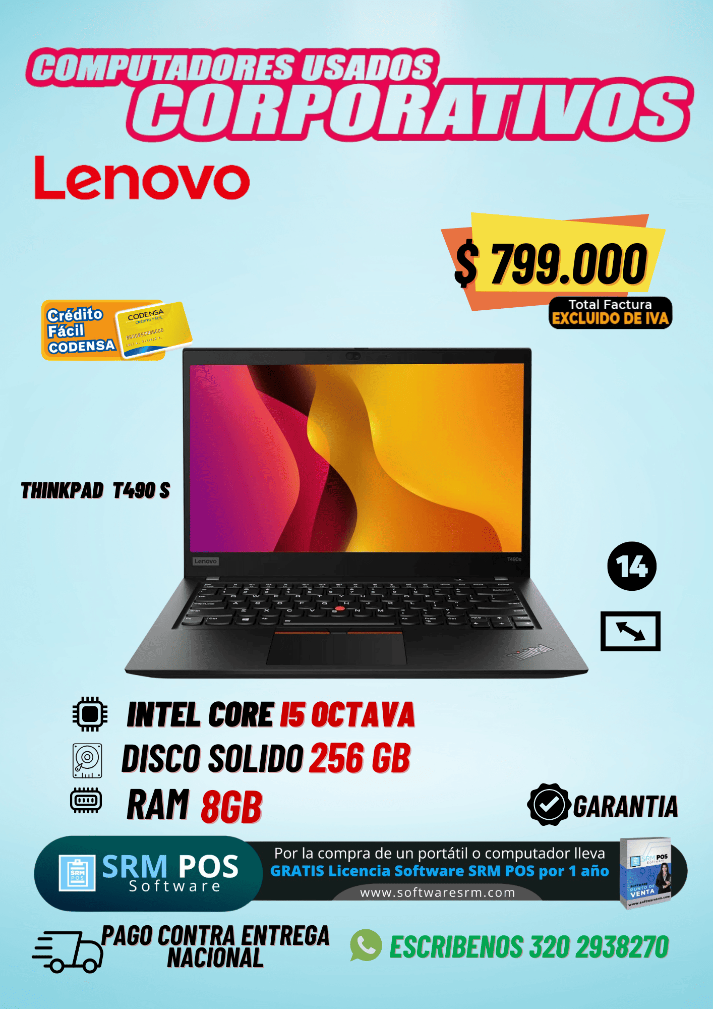 Lenovo ThinkPad T490s i5 8ª Gen 8GB 256GB SSD | Portátil Corporativo